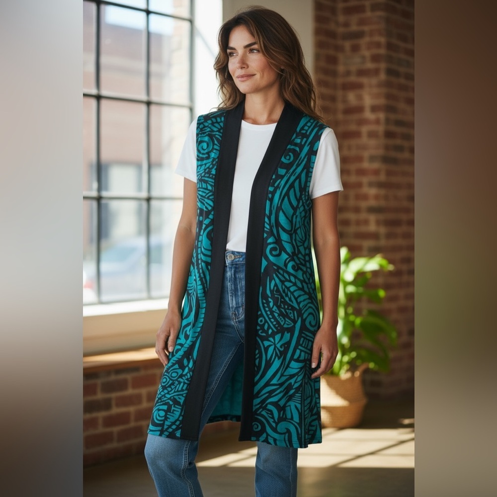 Soft Surroundings Soft Jersey Knit Open Front Duster Teal Black Medium Petite PM
